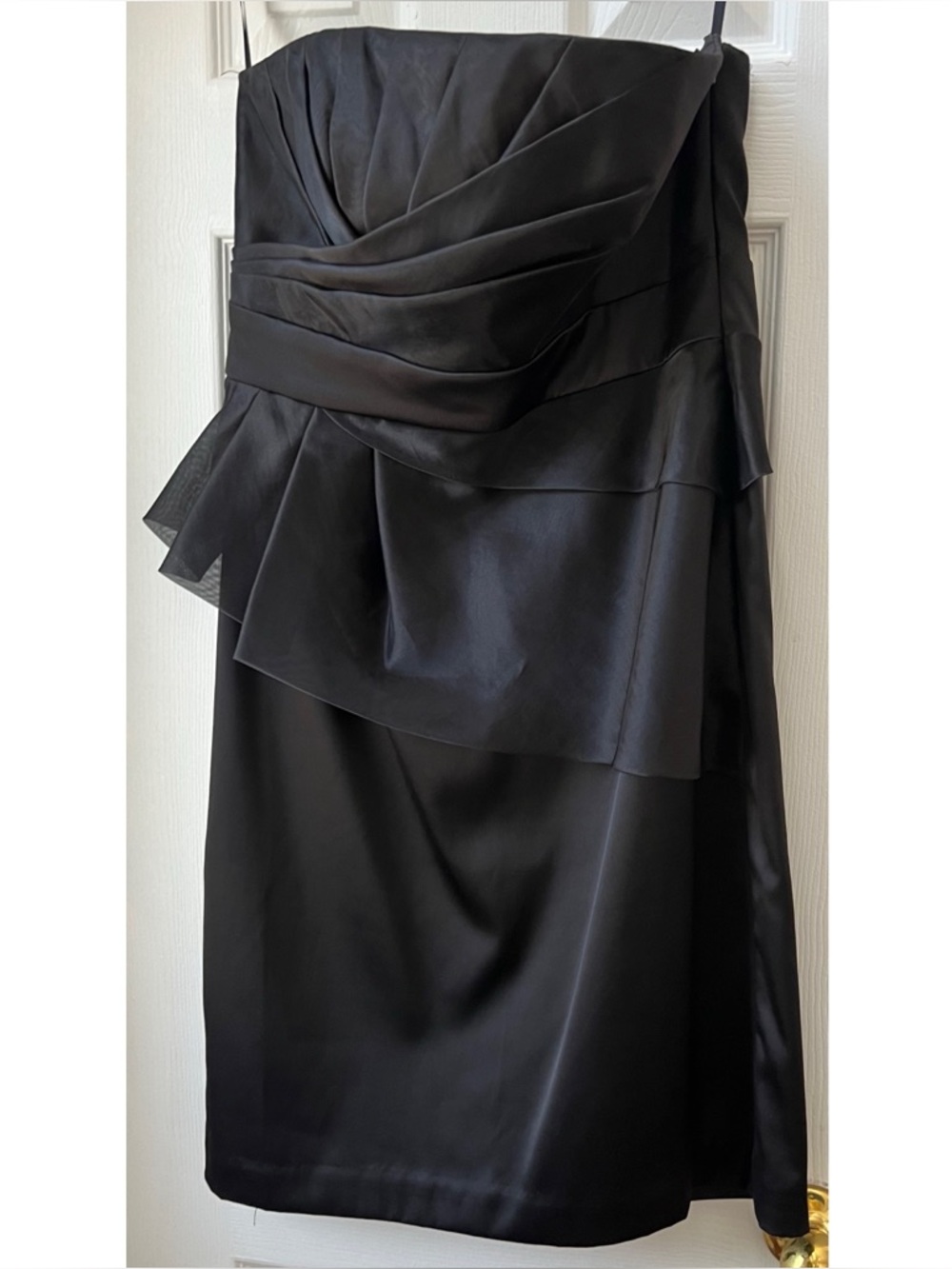 White House Black Market Black Strapless Satin Dress Draped Cocktail Midi Sz 10